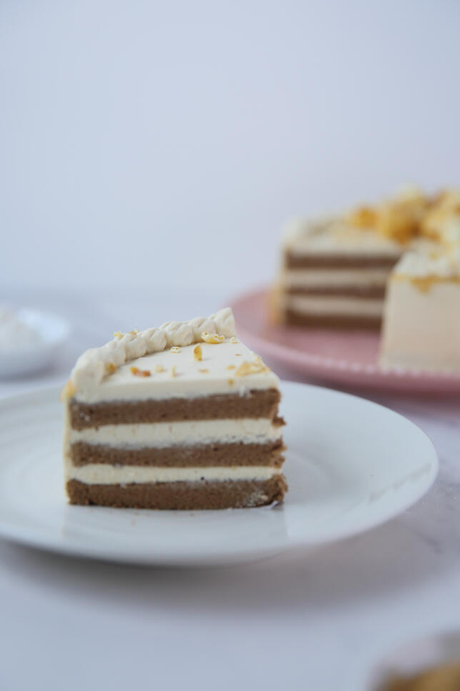 UK South East food photography - Caramel layer sponge cake in white backgrouns