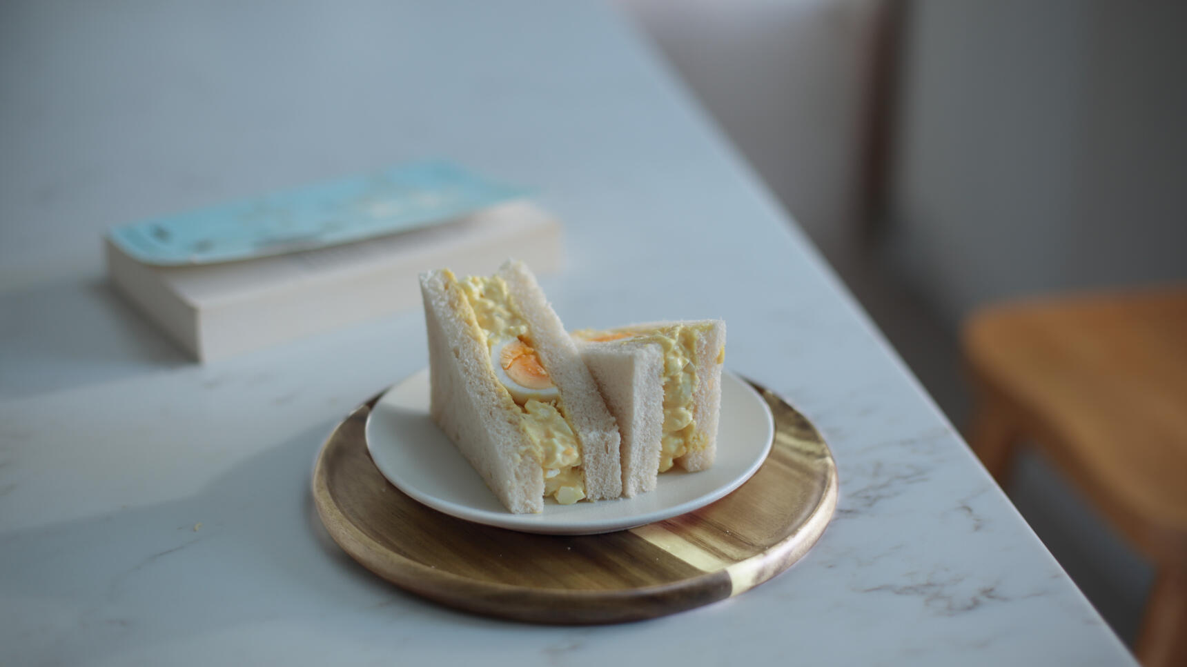 Egg sandwiches photographed in soft light