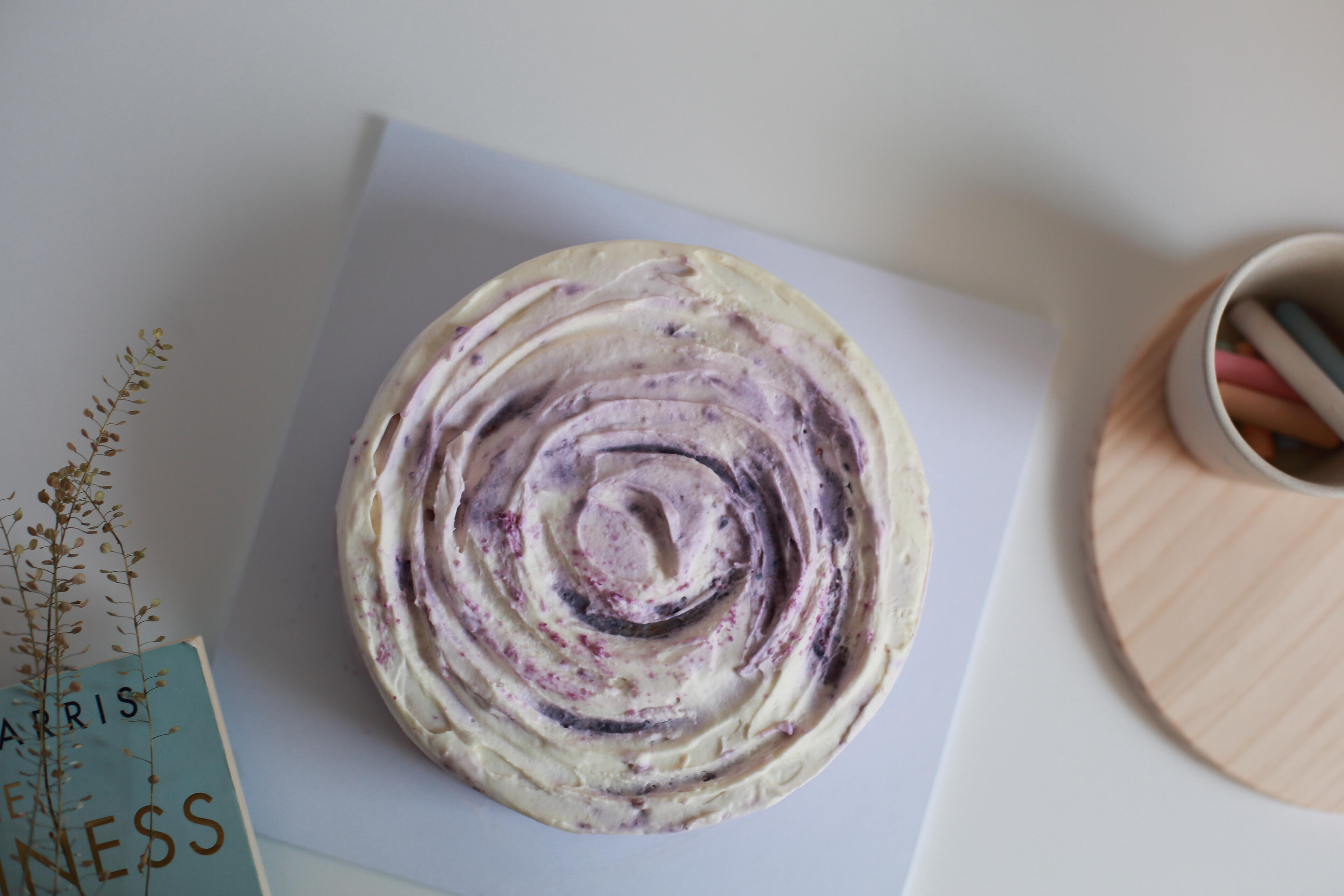 Purple sweet potato cake – DanStudio food photography Flat lay of purple sweet potato cake styled in natural light for food photography