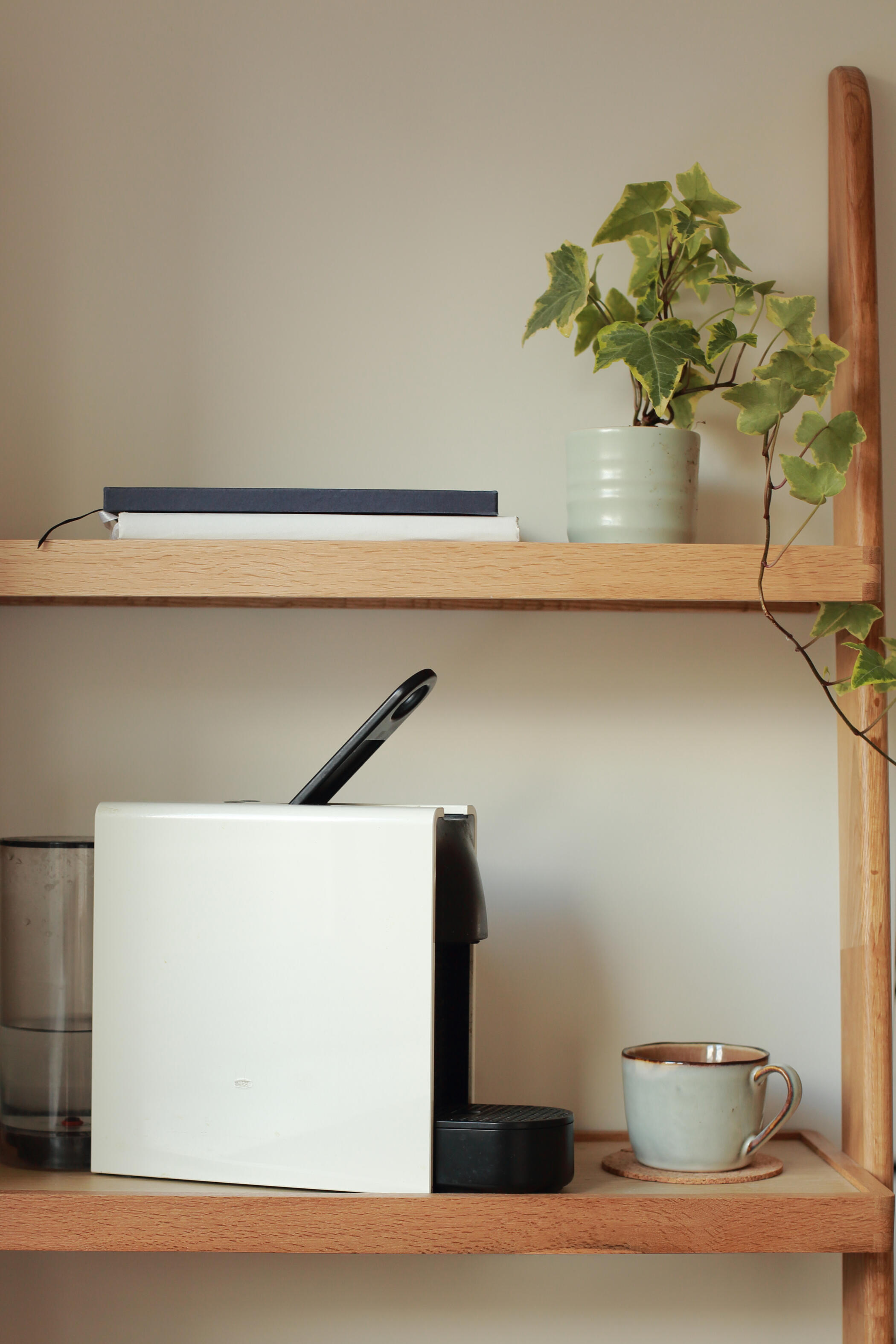 Coffee lifestyle photography Nespresso coffee machine and cup styled with plants on wooden shelves in natural kitchen setting